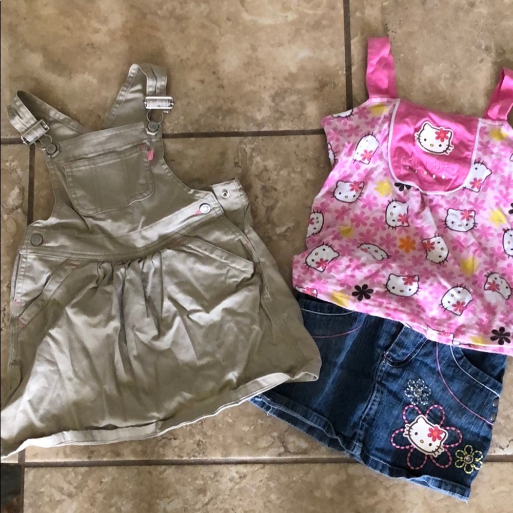 Girls Nautica kaki overalls and Hello Kitty outfit